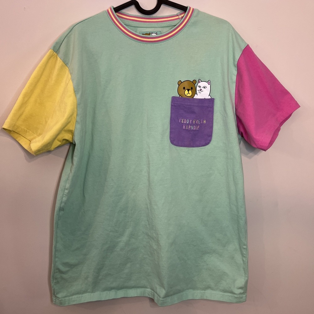 Ripndip X Teddy Fresh Color Block Cat Bear Flip Off Tee Shirt Green Adult Sz L